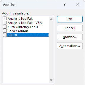 Add-ins dialog showing SPC XL to uncheck