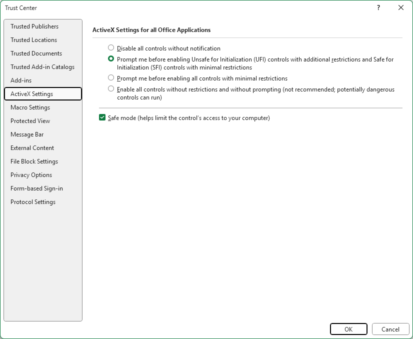 Trust Center ActiveX Settings showing Prompt me option selected