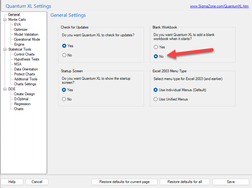 Quantum XL Settings dialog with General selected and Blank Workbook set to No